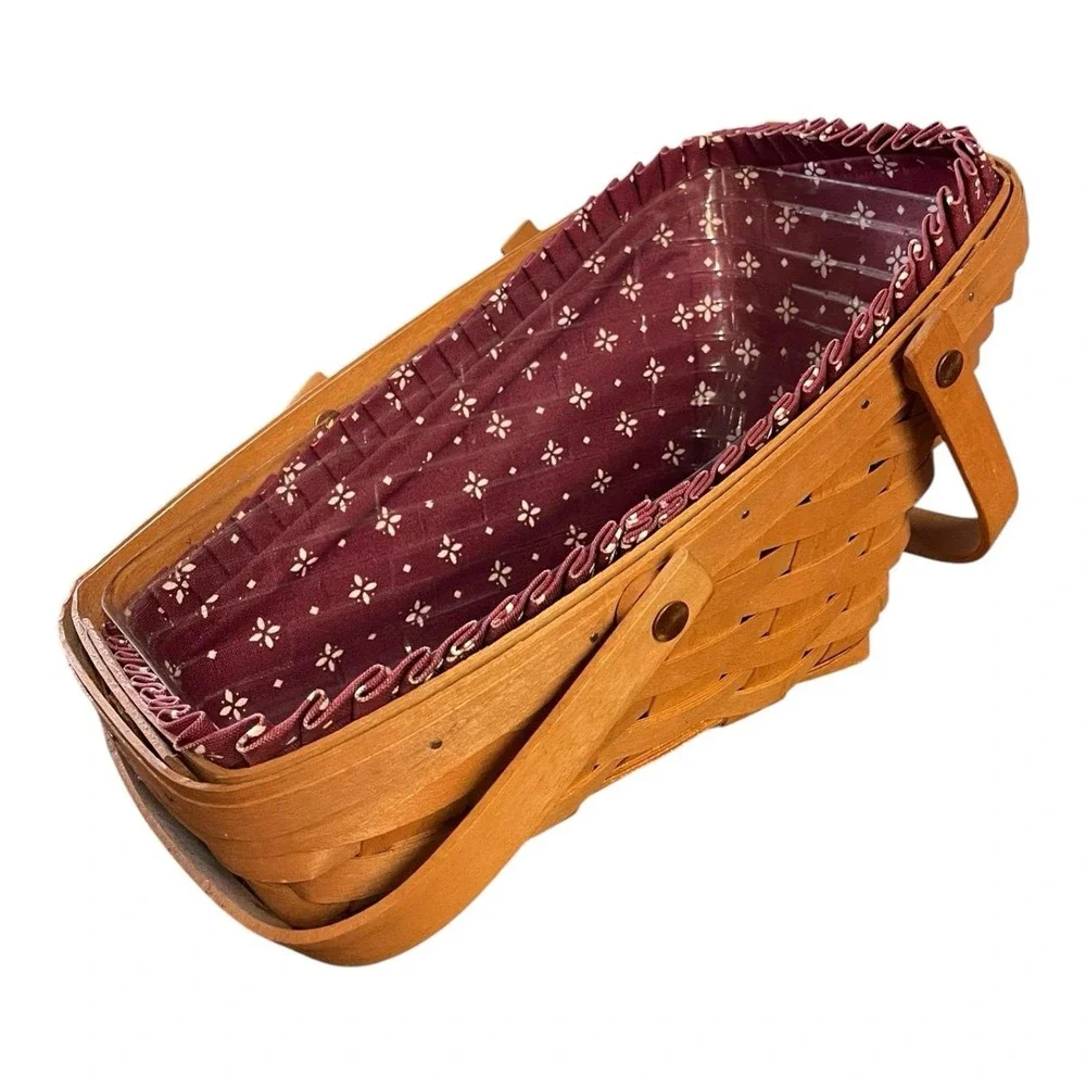 Longaberger Slanted Vegetable Basket Double Swing Handles Burgundy Floral Liner